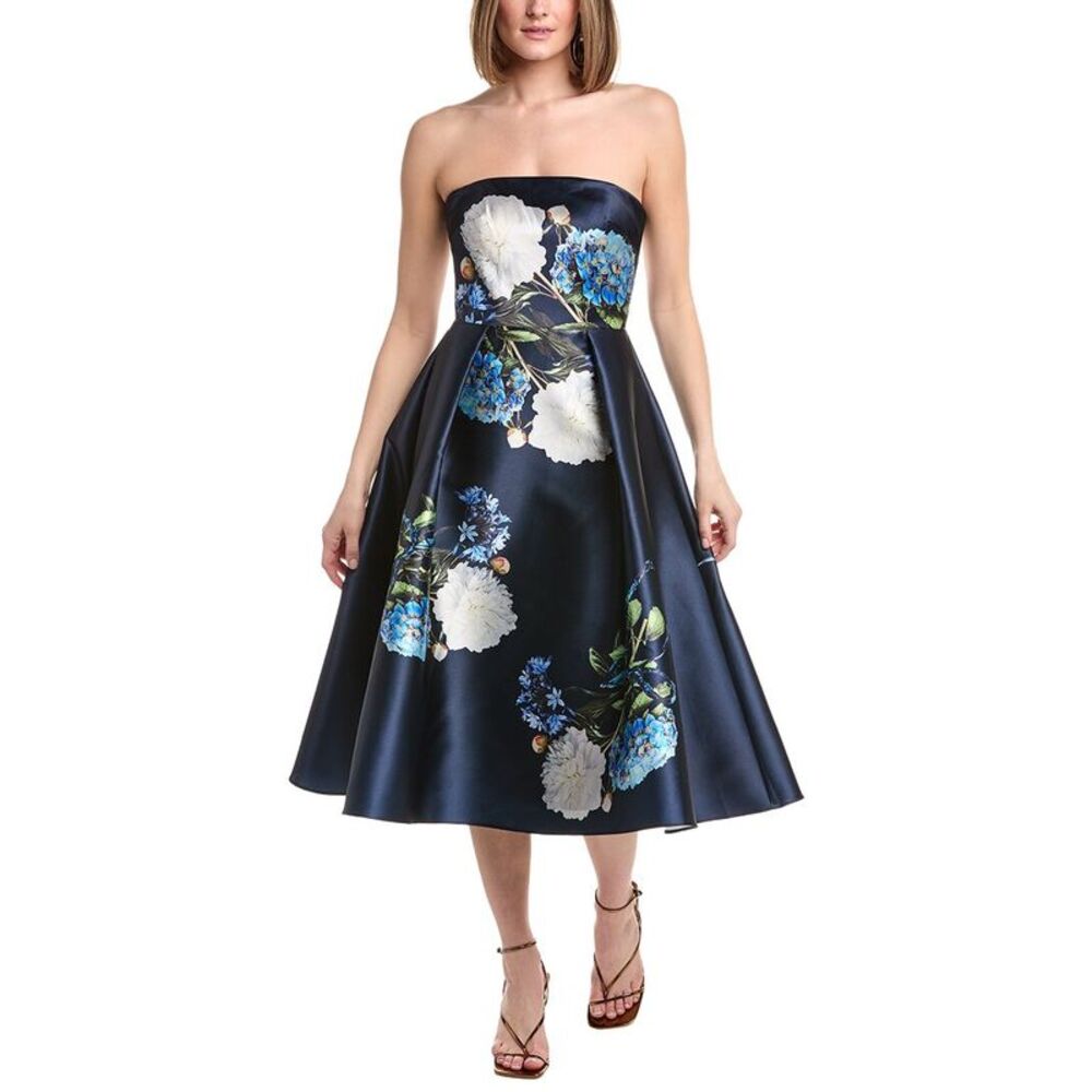 Rene Ruiz Womens  Strapless Floral Mikado Tea Length Dress, Navy